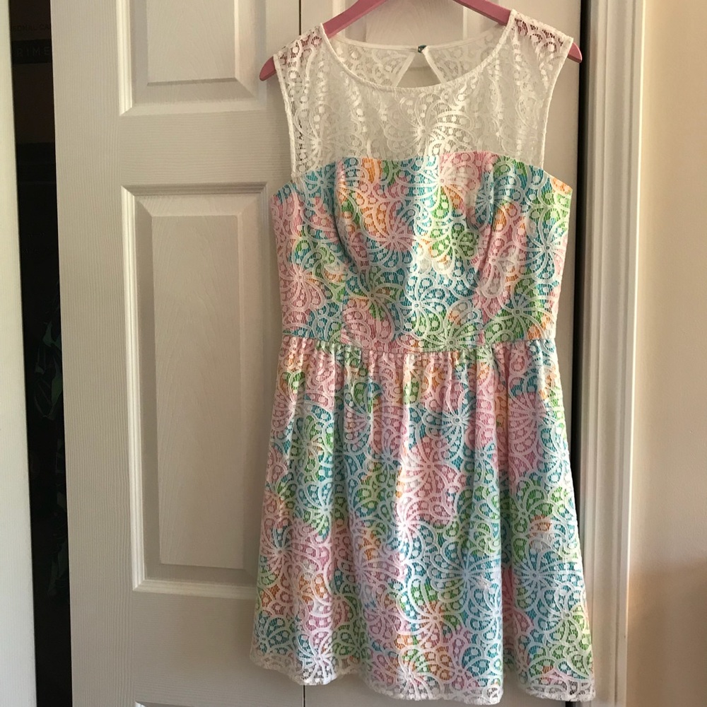 Lilly Pulitzer multi-colored dress, white lace, 8